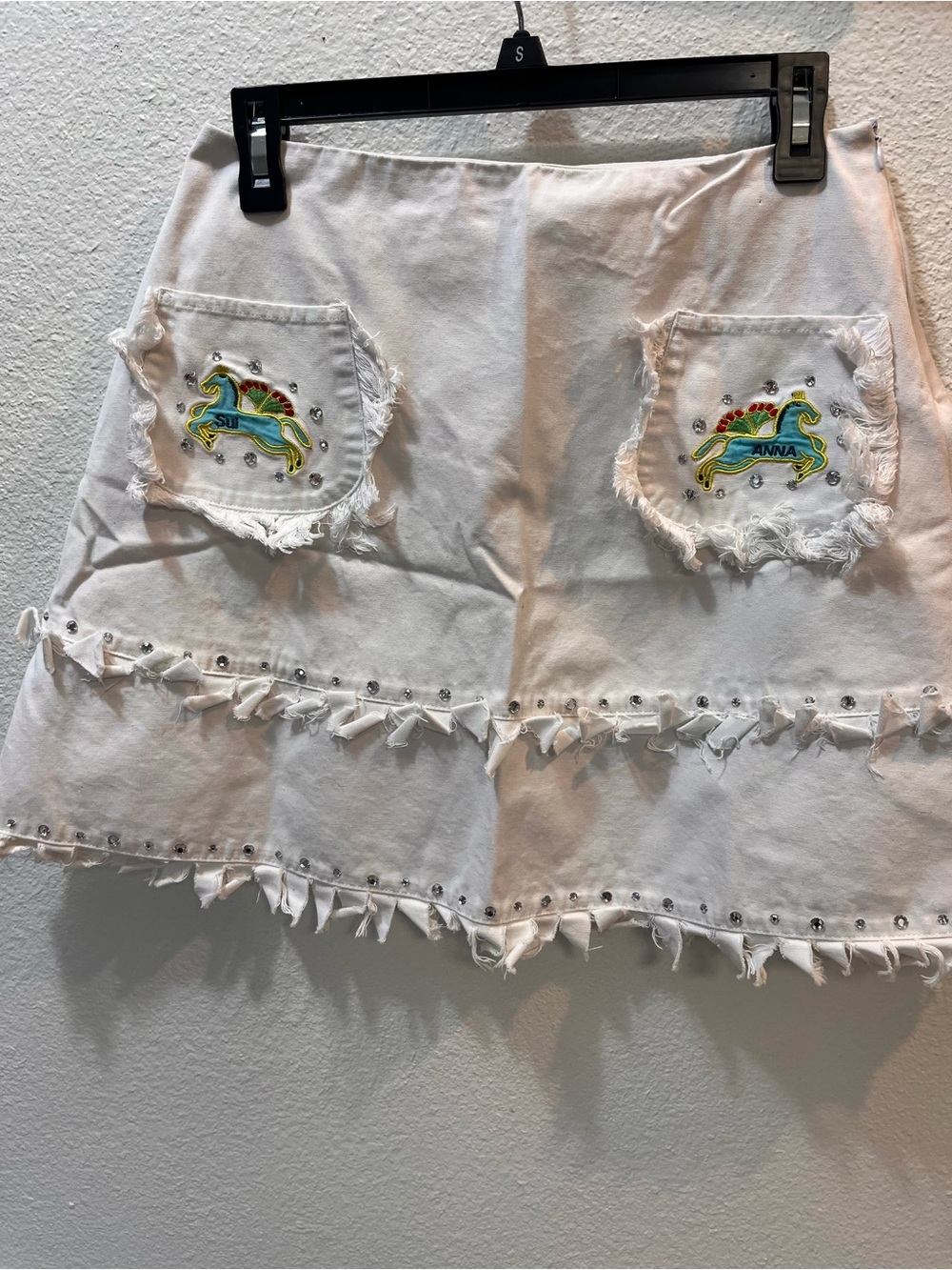 Anna Sui  Fringed Embroidered Pocket Skirt with Colorful Horse Motifs